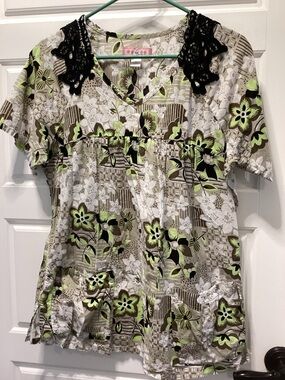 KOI V-Neck Scrub Top with Crochet Shoulders AND PLEATED BODICE.